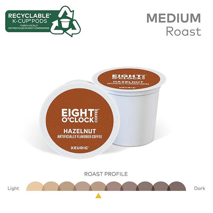 Eight O'Clock Coffee Hazelnut, Single-Serve Keurig K-Cup Pods, Flavored Medium Roast Coffee Pods, 96 Count
