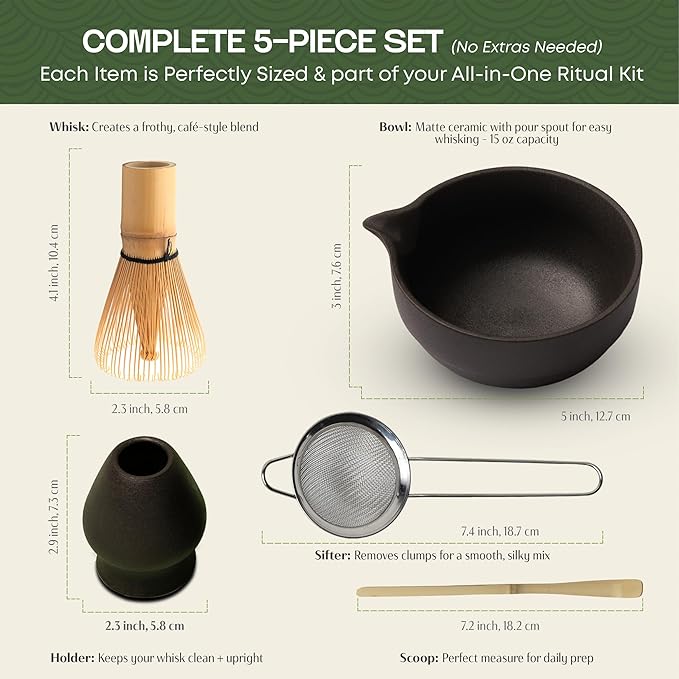 Matcha Whisk Set, 5 Pcs Matcha Set Kit Includes 15 OZ Ceramic Matcha Bowl, Bamboo Whisk, Holder, Sifter & Scoop, Tea Gift for Women Men Girl Friend, Christmas, Birthday, Halloween, Matcha Tea Ceremony