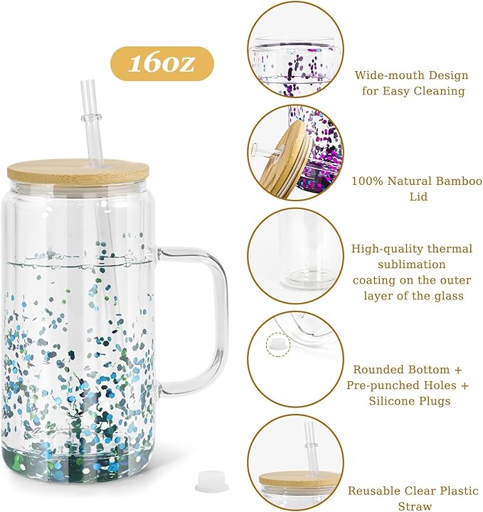 16oz Snowglobe Cups with Handle, 4Pack Pre-Drilled Sublimation Glass Cup with Lid and Straw, Double Wall Glass Coffee Mug, Snowglobe Cup Gifts for Snow Globe DIY Glitter, Bamboo Lid