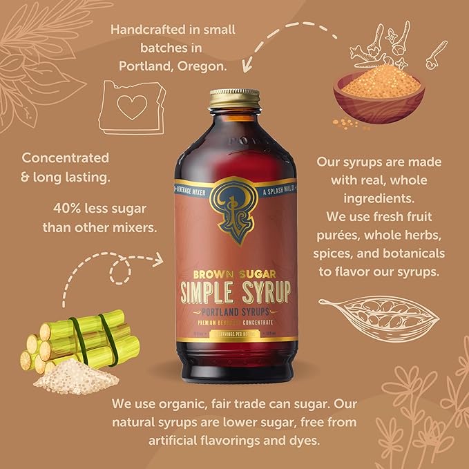 Portland Syrups Brown Sugar Simple Syrup - Drink Mix for Exceptional Cocktails, Simple Syrup for Cocktails, Sugar Syrup for Drinks, Simple Syrup for Coffee, Mocktails, Baking, 12 oz, Pack of 1