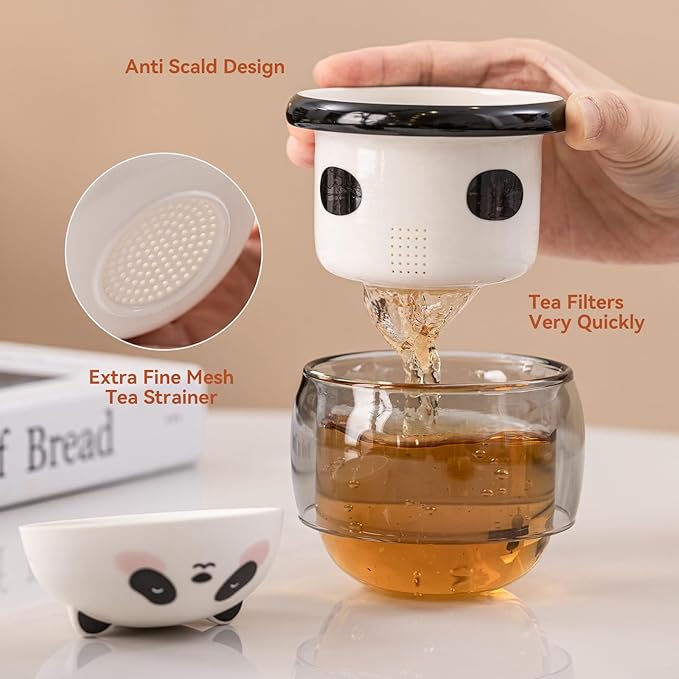Panda Tea Cup with Infuser and Lid 10oz - Double-Wall Glass Mug with Ceramic Components, Cute Animal Design Loose Leaf Tea Gift for Birthday & Anniversary