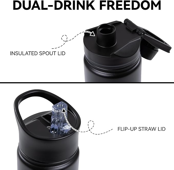 16 oz Insulated Water Bottle Bulk 4 Pack, Straw & Spout Lid, Keep Cold 24H, Spill Proof, BPA-Free, Double Wall, Stainless Steel Kids Water Bottles for School, Sports, Black