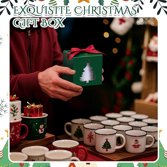 Yeaqee 24 Pcs Gift Boxes with Window Christmas Candle Gift Box Bulk Coffee Sublimation Mug 11oz 12oz 15oz Transparent Cup Wrapping Blink Xmas Tree for Baby Shower Wedding Christmas Party Favor
