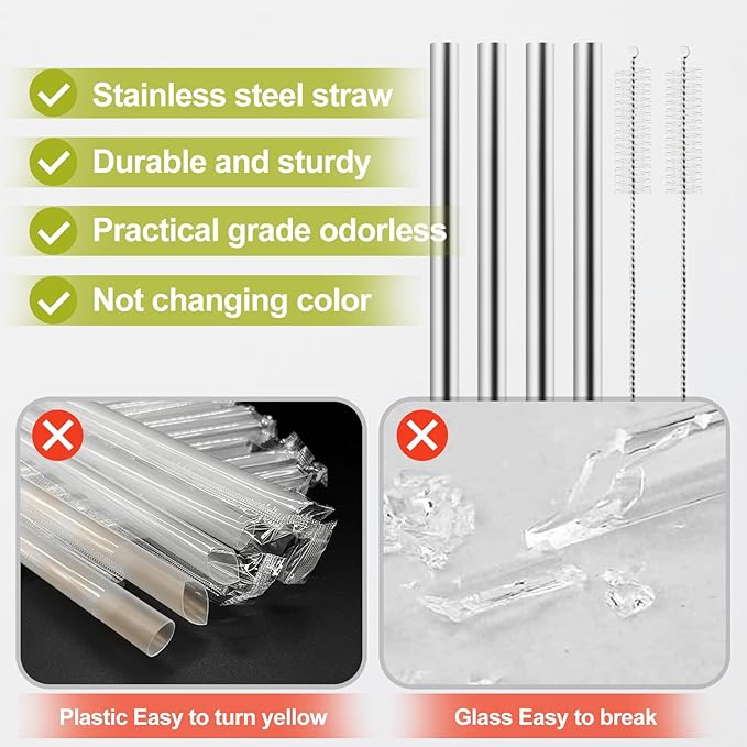 Metal Straw Replacement for Owala 14 oz Kids Water Bottle Accessories, With 2 Straw Cleaner, Reusable Stainless Steel Straws Compatible With Owala 14 Ounce Water Bottle - 4Pcs