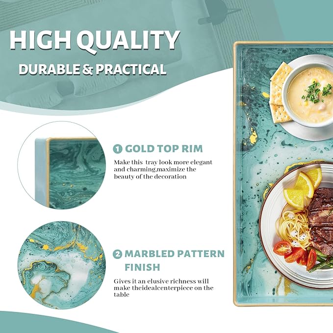 MAONAME Turquoise Square Decorative Tray for Coffee Table, Marbling Serving Tray with Handles, Modern 13" Plastic Trays for Ottoman, Bathroom, Storage