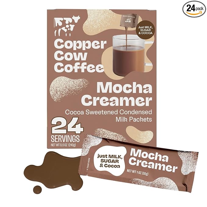 Copper Cow Coffee Sweetened Mocha Milk Creamer Singles (24 pack) | Vietnamese Inspired Coffee Creamer, All Natural Creamer Packets for Pour Overs & Lattes | No Refrigeration Needed, Travel Friendly