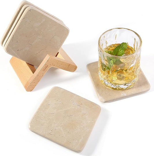 Koville Marble Coasters Set of 5, Square Coasters with Holder for Drinks, 4" Cup Coaster for Coffee Table Home Office Bar Decor, Heat Resistant Decorative Drink Coaster (Brown)