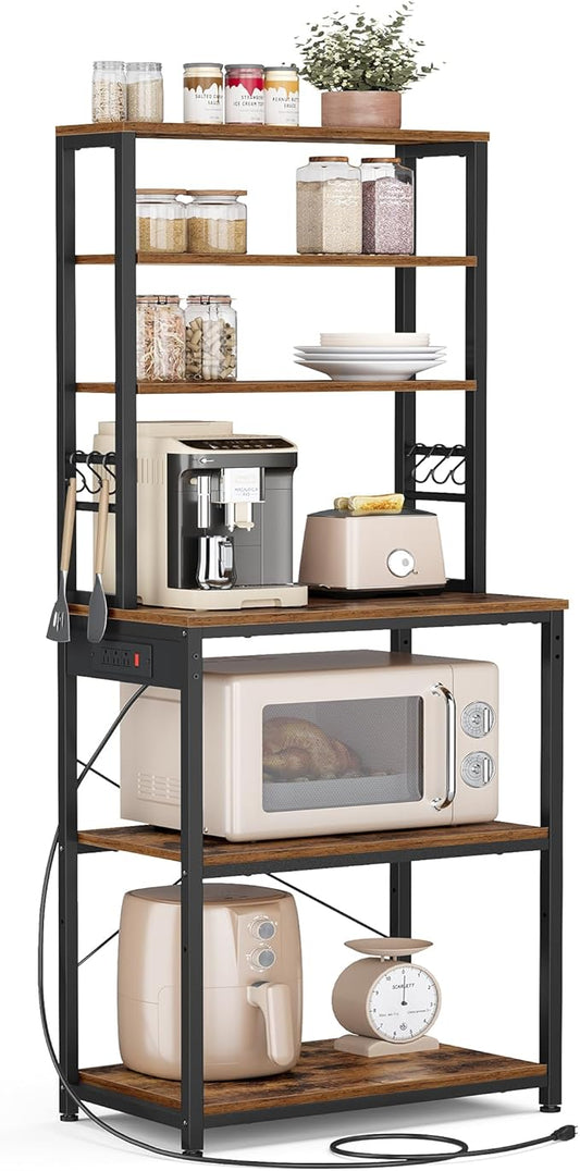 VASAGLE Bakers Rack with Power Outlet, 23.6 Inches Coffee Bar for Kitchen with Storage, 6-Tier Kitchen Shelves with 6 Hooks, Microwave Stand, Industrial, Rustic Brown and Ink Black UKKS124K03