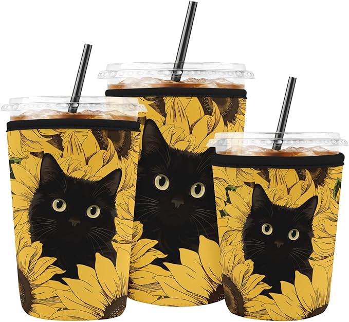 Iced Coffee Sleeve Reusable Cup Sleeves for Cold Drinks Neoprene Koozie Cozy Plastic Cup Covers for Drinks, Sunflower Cat