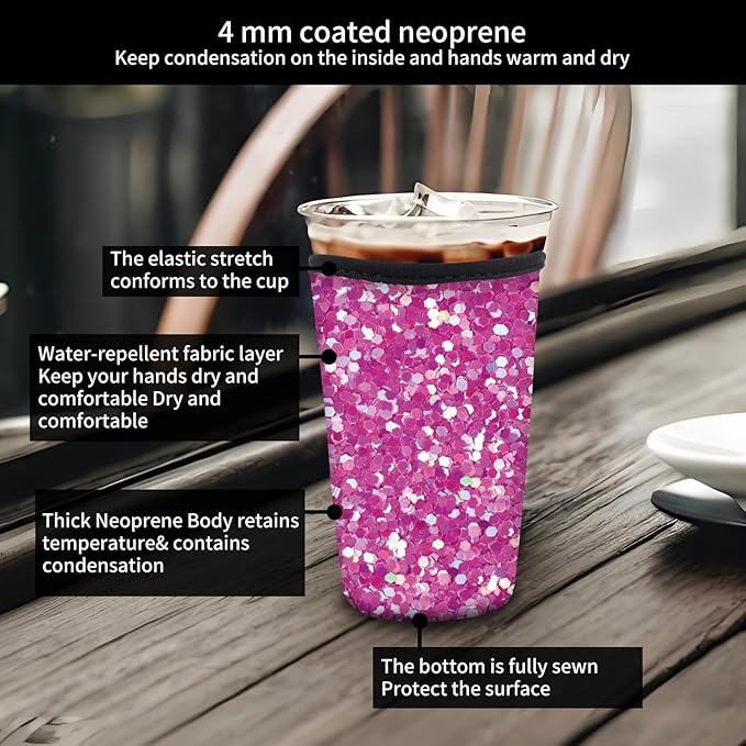 Reusable Neoprene Insulator Sleeve for Iced Coffee Cold Soda Cups, Cute Durable Drink Sleeve for Cold Beverages, Medium 22-28oz Cup Sleeve Luxuious Pink Marble