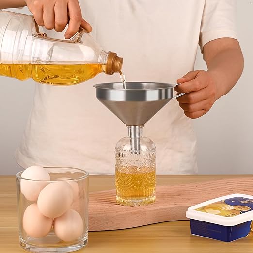 Kitchen Funnel for Filling Bottles, 5 Inch 304 Stainless Steel Funnel with Strainer for Transferring Oils Juices Wine Milk with Silicone Scraper and 100 Mesh 200 Mesh Filtel