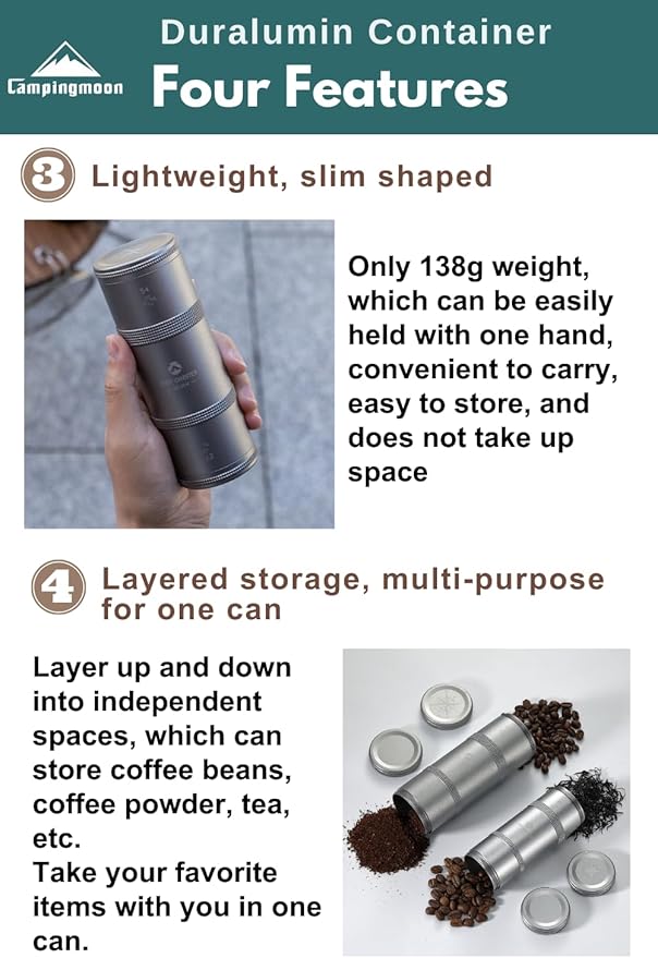 CAMPINGMOON 2-Layer Portable Coffee Bean Storage Canister Airtight Duralumin Coffee Travel Container Camping Lightweight Slim Mini Tea Caddy CNC Machined Metal Spice Jar Silver M 27g 54g CC-51-H