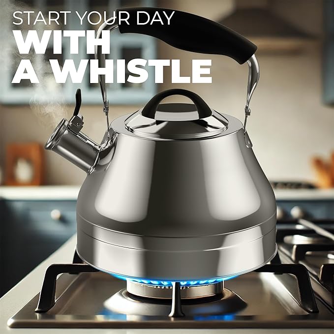 Stovetop Whistling Tea Kettle – 2.4 QT Stainless Steel Teapot with Ergonomic Handle, Fast Heating for Gas, Electric & Induction Stoves – Shiny Finish, Silver