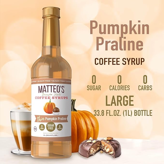 Matteo's Pumpkin Praline Syrup for Coffee, Lattes, Cappuccinos & Desserts – Sugar-Free Sweetener for Beverages, Keto Friendly, Zero Calories, Indulgent Flavor, Non-Alcoholic, 33.8oz (6pk)