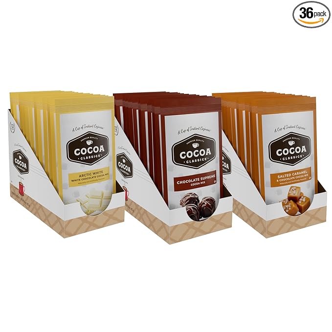 Cocoa Classics Variety Pack: Cocoa Mix, Chocolate Supreme, Arctic White, Salted Caramel Hot Chocolate Made with Nonfat Milk, Just Add Water, Make Hot or Iced, 1.25oz Packets (Pack of 36)
