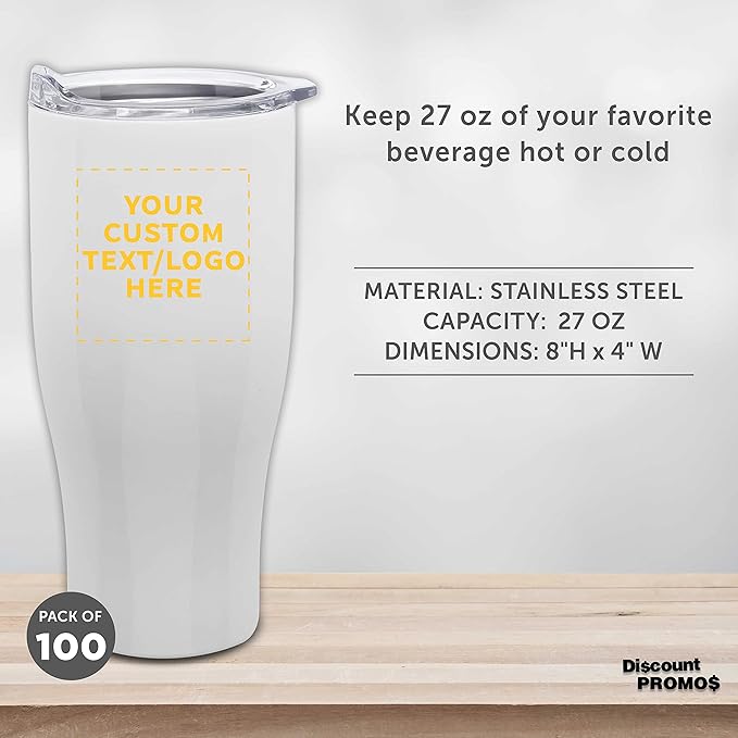 Custom Stainless Steel Grip Travel Mugs 27 oz. Set of 100, Personalized Bulk Pack - Perfect for Coffee, Soda, Other Hot & Cold Beverages - White