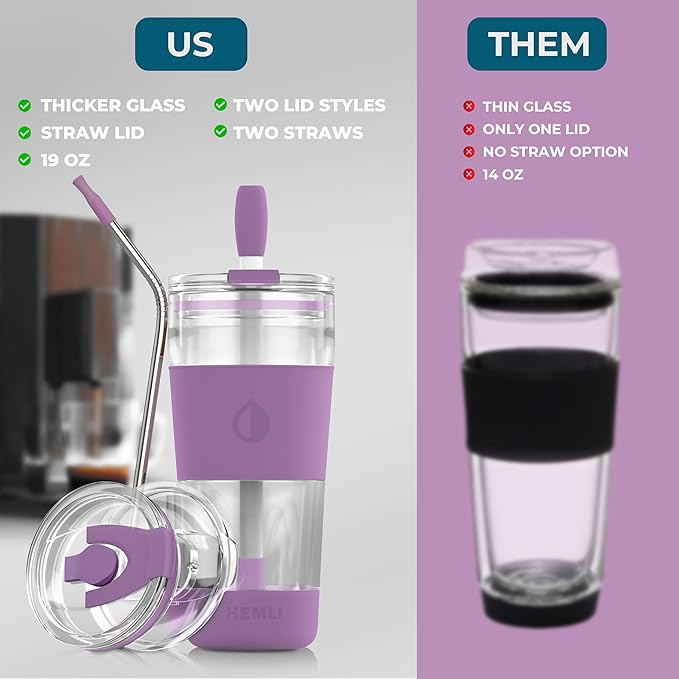 19 oz Clear Double Wall Borosilicate Glass Coffee Tumbler, to Go Travel Mug with Lid, Portable with Straw, Reusable Cup for Tea, Smoothies, Iced Coffee, and Boba
