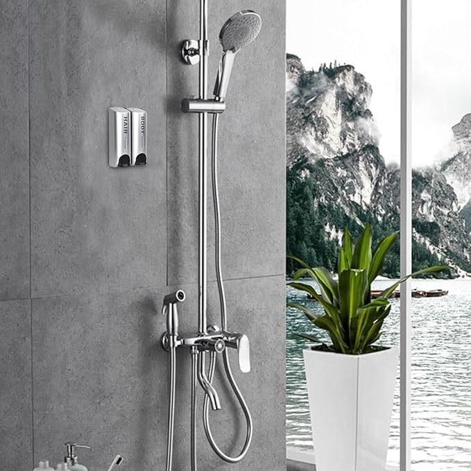 No Drill Shower Dispenser, 2-Chamber Wall Mounted Soap and Shampoo Dispenser for Bathroom, Refillable Liquid Organizer Holder for Shampoo, Body Wash, Lotion, 700ml(2x350ml) Capacity, Silver