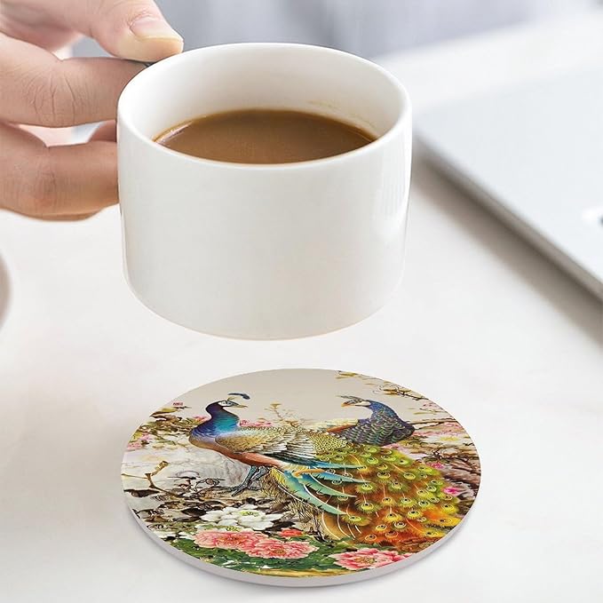 Peacock Drink Coasters, Round Ceramic Drink Coaster Round-4PCS, Vintage Tree Branch Beautiful Plant Floral Gold Peacock Decor Absorbent Ceramic Coasters for Beverage Cup, Bar, Coffee Table