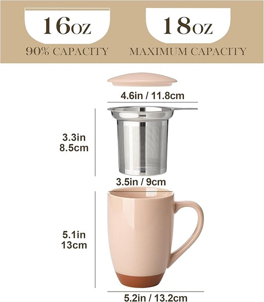 MALACASA Ceramic Tea Mug with Lid and Stainless Steel Infuser, 18 oz Large Tea Cup for Loose Leaf Tea, Heat-Resistant, Microwave & Dishwasher Safe, Speckled Glaze Coffee & Tea Brewer Mug, Khaki Pink