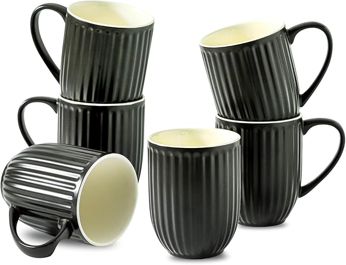 HASENSE Coffee Mugs Set of 6, 16 Oz Large Ceramic Ribbed Latte Cups with Big Handle for Coffee, Tea and Cocoa, Modern Design & Light Weight, Microwave & Dishwasher Safe, Black