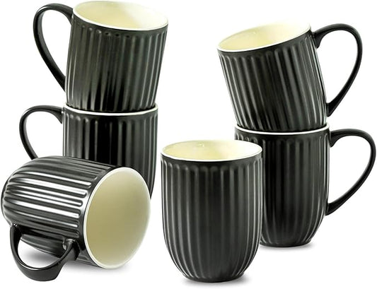 HASENSE Coffee Mugs Set of 6, 16 Oz Large Ceramic Ribbed Latte Cups with Big Handle for Coffee, Tea and Cocoa, Modern Design & Light Weight, Microwave & Dishwasher Safe, Black