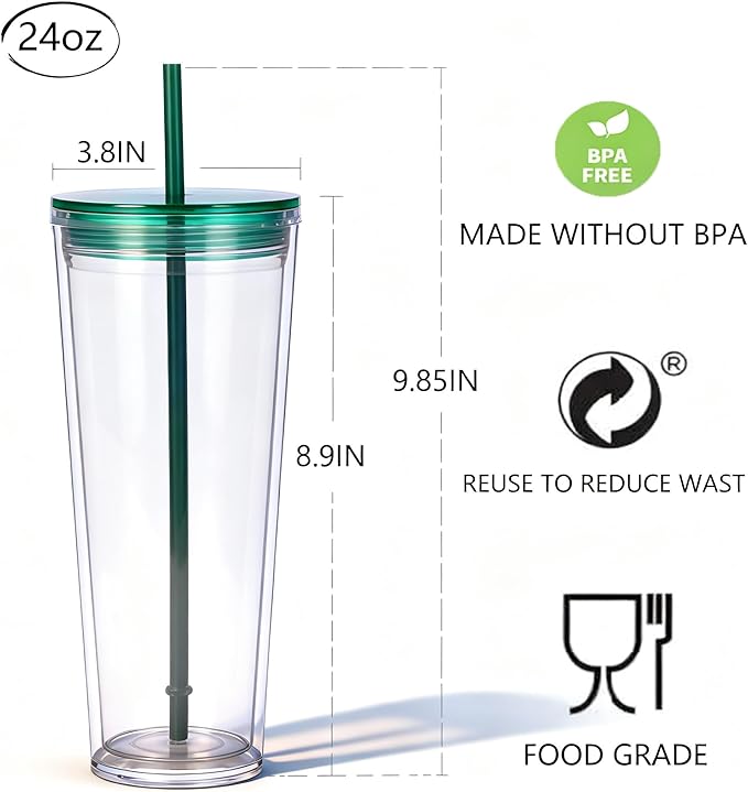 24oz Tumbler with Lid and Straw, Leak Proof and Double Wall Insulated Reusable Plastic Cups,Travel Reusable Iced Coffee Cup (1, Green)