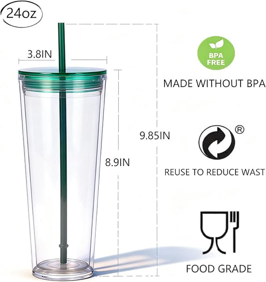 24oz Tumbler with Lid and Straw, Leak Proof and Double Wall Insulated Reusable Plastic Cups,Travel Reusable Iced Coffee Cup (1, Green)