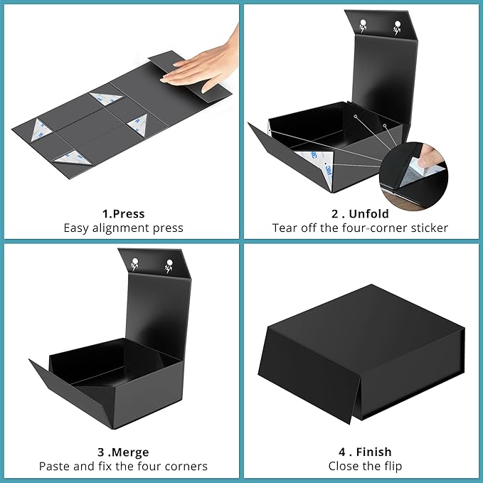 TILSWALL Gift Box 7.5''x7.2''x2.8'' Black Gift Boxes with Magnetic Lids for Presents, Rectangle Collapsible Luxury Gift Box for Proposal, Wedding, Christmas, Birthday, Contains Card, Ribbon, Filler