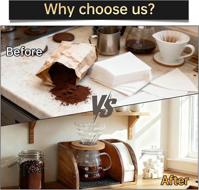 Acacia Coffee Bar Station Organizer Stand, Wooden Pour Over Maker Caddy Storage Organizers, Coffee Filter Holder for Countertop with Heatproof Mat (9.4*7*5.1 inch) Glass Cofee Maker not included
