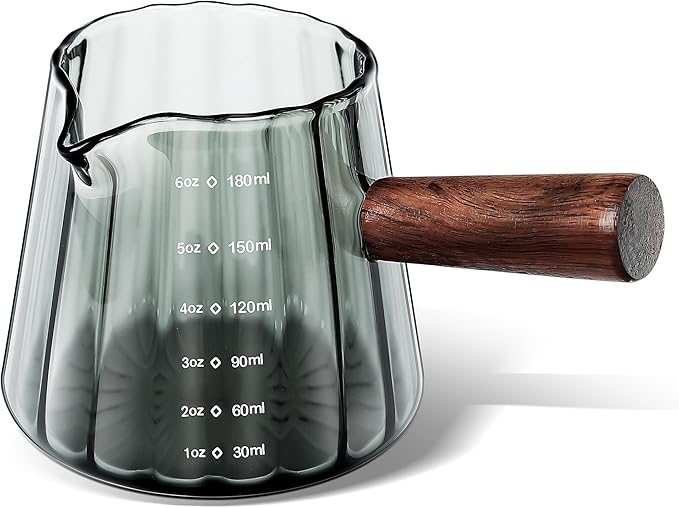 Joeyan 6 oz Grey Glass Measuring Cups with Spout,Borosilicate Glass Triple Pitcher with Scale,Origami Style Espresso Shot Glasses with Wood Handle for Coffee Milk,Dishwasher Safe