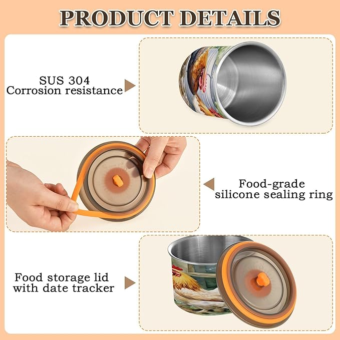 YETTASBIN Rooster Airtight Food Storage Containers 900ml/30oz, Stainless Steel Coffee Canisters with Vacuum-Lock Lid for Kitchen Organization, Coffee Bean, Tea, Sugar, Flour