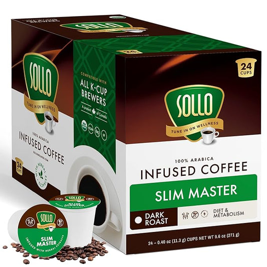 Sollo Slim Organic Coffee Pods, Diet Support, Weight Loss with Garcinia, Green Coffee Bean, Bold Dark Roast, Single Serve Pod, Compatible with Keurig K-Cup Brewers, 24 Ct