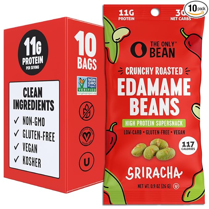 The Only Bean Crunchy Roasted Edamame Snacks Pack (Sriracha), Protein Keto Food, Gluten Free, Asian Japanese Snacks, Hot Spicy Snack, 0.9oz 10 Pack