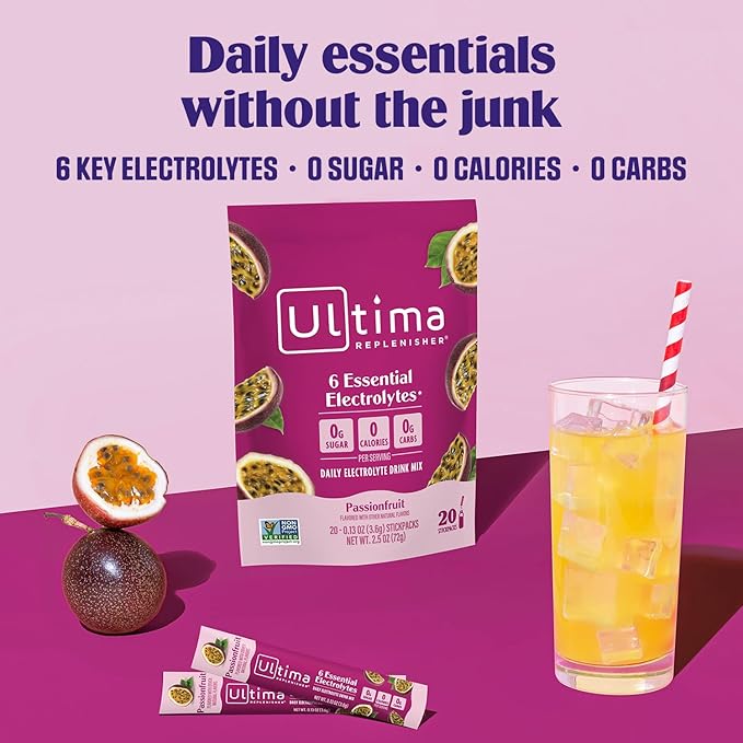 Ultima Replenisher Daily Electrolyte Powder – Passionfruit, 20 Stickpacks – Zero Sugar Hydration Packets with 6 Electrolytes and Minerals – Sugar Free, Plant Based & Keto Friendly Drink Mix