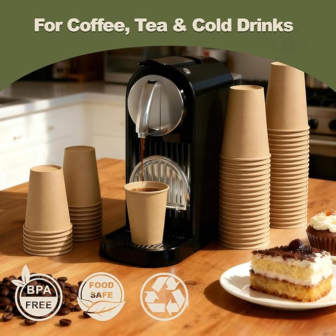 12 oz 200 Pack Disposable Coffee Cups, Bulk Brown Disposable Paper Cups, Coffee Cups for Hot Tea, Chocolate and Cold Drinks