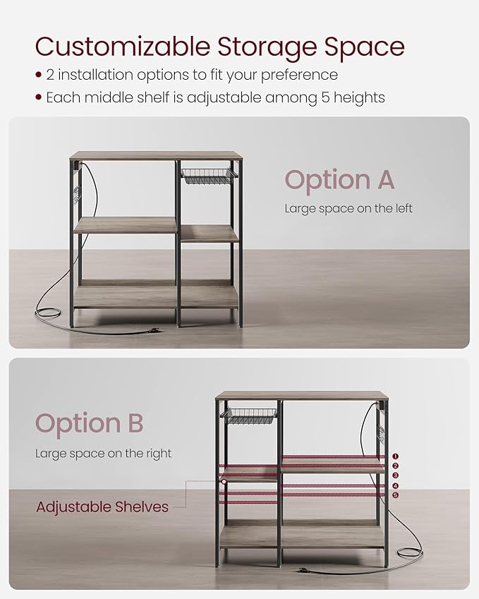 VASAGLE Baker's Rack, Coffee Bar Stand with Charging Station, 35.6 Inches Tall, Storage Shelves, Pull-Out Wire Basket, Table for Microwave, Kitchen, Heather Greige and Ink Black UKKS036K02