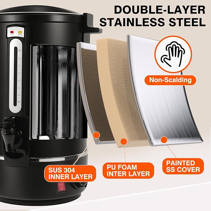 Nalison Commercial Coffee Urn, 110-Cup 16L Fast Brew Stainless Steel Hot Beverage Dispenser ，Electric Hot Water Urn for Wedding, Party, Catering with Easy Cleaning. Black Dispenser (Double Wall)