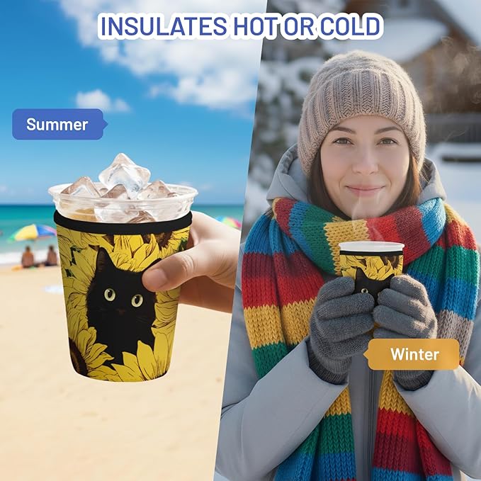 Iced Coffee Sleeve Reusable Cup Sleeves for Cold Drinks Neoprene Koozie Cozy Plastic Cup Covers for Drinks, Sunflower Cat