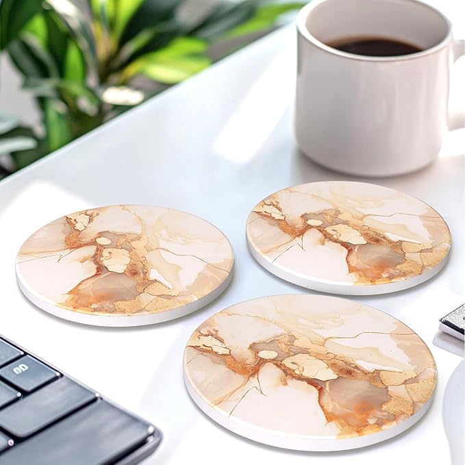 6 Pcs Gold Marble Abstract Ceramic Coasters with Holder Best Round Drink Absorbent Coaster for Desk, Lounge, Coffee Table, Wine, Beverage, Bar Coasters Set
