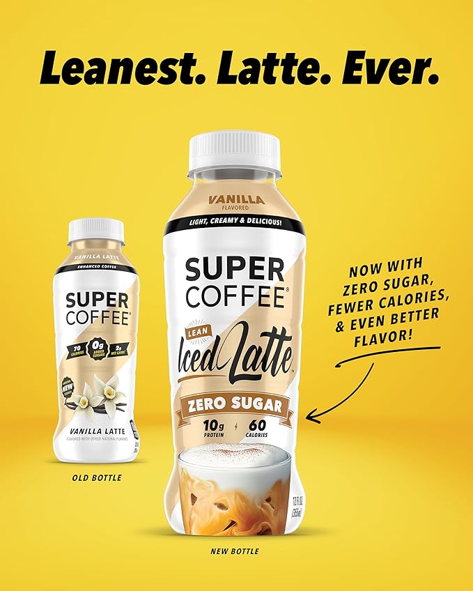Super Coffee, Ready To Drink Iced Coffee, Vanilla Latte (12 Ounce Bottles, Pack of 12) - Low Net Carbs, No Added Sugar, Keto Friendly, 10g of Protein, Low Calorie, Protein Coffee