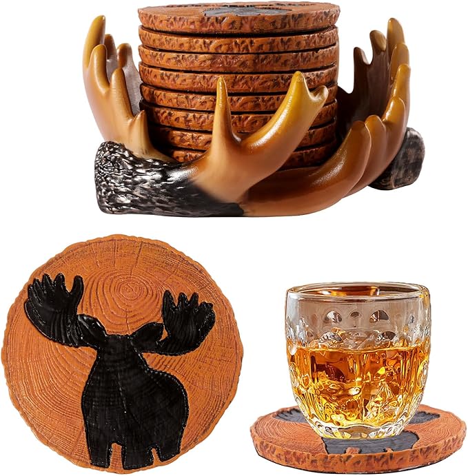 Deer Antler Coasters Set 8 Full Size Non-Slip Cabin Decor Bar Coasters, Indoor Christmas Decorations, Man Cave Gifts for Men and Deer Lovers, Rustic Handmade Cup Coaster for The Home
