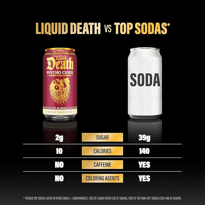 Liquid Death Soda-Flavored Sparkling Water - Psycho Cider (Apple Cinnamon), Less Sugar*, Huge Flavor, No Caffeine, No Artificial Sweeteners, 12 Fl Oz (Pack of 12)