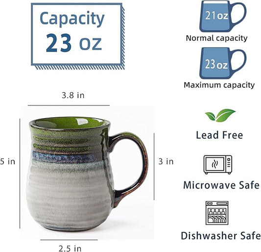 23 oz Large Ceramic Coffee Mugs, Handmade Cup with Large Handle, Big Tea and Coffee Cups for Office and Home, Microwave and Dishwasher Safe (Light Green)