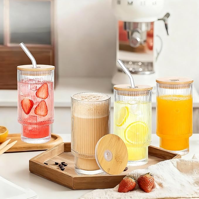 16oz Glass Cups with Lids & Straws - Reusable Iced Coffee Tumblers, Trendy Ribbed Design & Stackable for Iced Coffee/Cold Brew, Perfect for Home/Office by Coffee Lovers & Commuters (16OZ-4PACK)