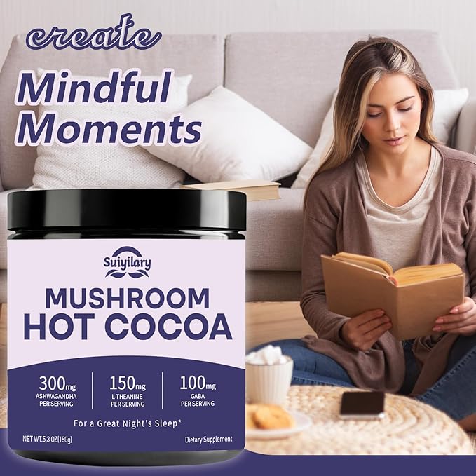 10 Mushroom Hot Cocoa for Sleep, Sugar Free Keto Cocoa Powder, Nighttime Drink,100mg Magnesium Glycinate, 100mg GABA, 150mg L-Theanine, Help Fall Asleep and Stay Asleep, 15 Servings