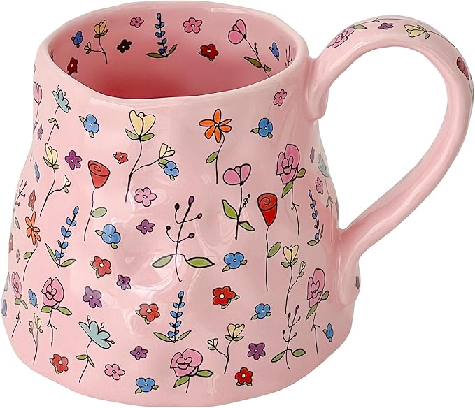Large Ceramic Coffee Mug Pink Cute Flower with Big Handle, 20oz Girly Floral Tea Cup for Women Mothers Day Gifts, Novelty Irregular Oversized Mugs for Valentines Day Gifts for Her
