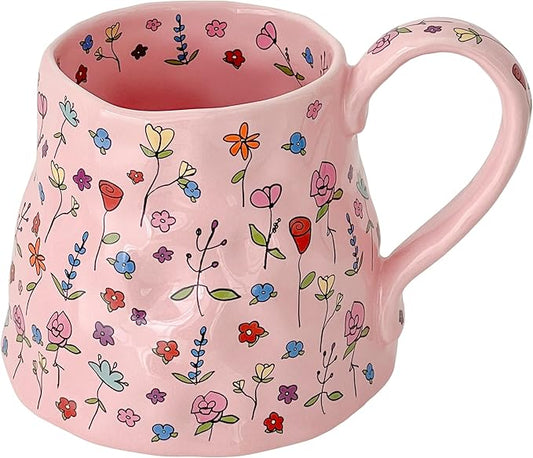 Large Ceramic Coffee Mug Pink Cute Flower with Big Handle, 20oz Girly Floral Tea Cup for Women Mothers Day Gifts, Novelty Irregular Oversized Mugs for Valentines Day Gifts for Her