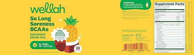Wellah So Long Soreness BCAA Powder (Pina Colada Flavored) 30 Servings - with Hydration Complex