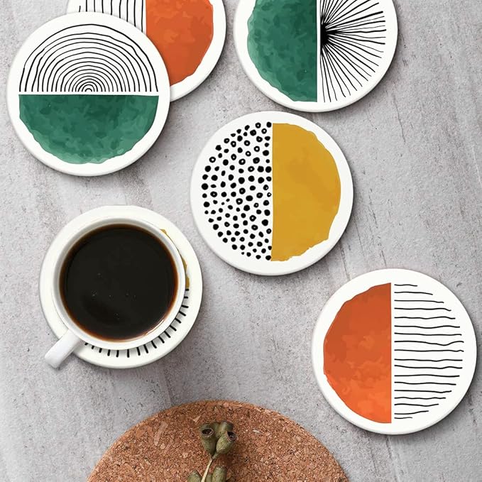 Britimes Coaster for Drinks Set of 6, Simple Retro Round Doodle Circle Absorbent Round Ceramic Stone Mat, with Cork Base and Metal Holder, Gift for Housewarming Room Bar Decor